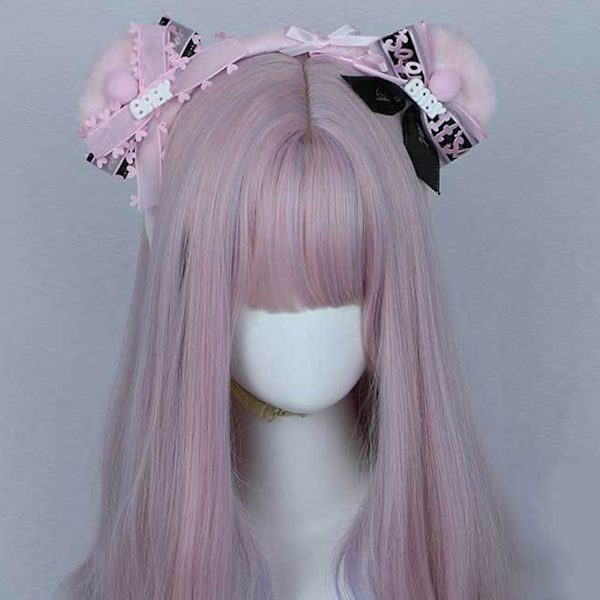 Blød bjørneører pandebånd Lolita sløjfe buer hårbøjle Cosplay fest pandebånd（Pink）