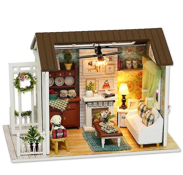 Håndlaget tre DIY hytte, LED montert modellhus leketøy* @bugu