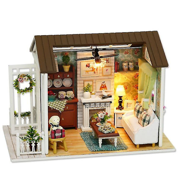 Håndlavet træ DIY hytte, LED samlet modelhus legetøj* @bugu