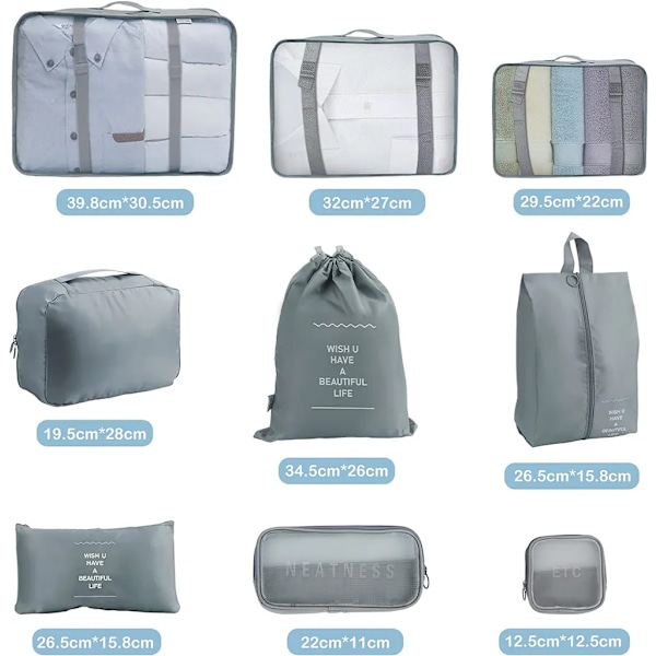 Resväska Packningskuber - 9-delars Resväska Packningskuber Lätt Resväska Organizer Set Bagage Packnings Organizer - Grå
