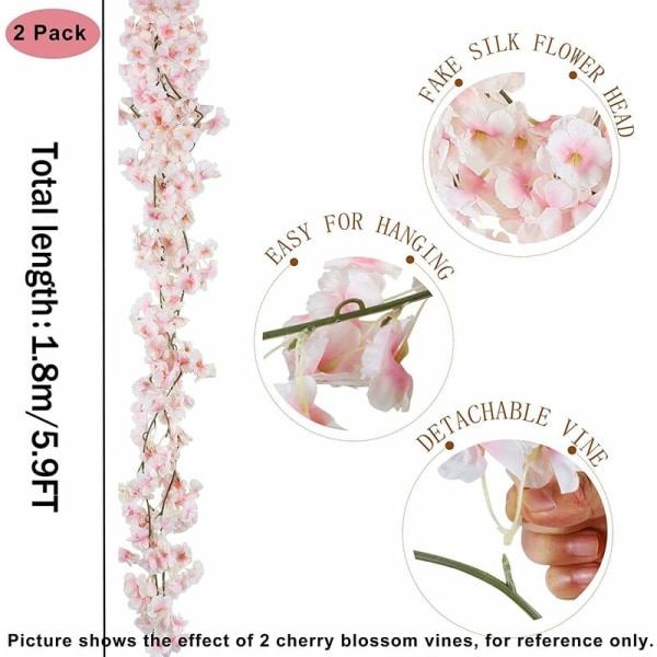 Keinotekoiset silkkikukat kirsikankukkaseppeleet riippuvat viiniköynnökset hääkotipuutarhan koristeluun 4 kpl (vaaleanpunainen)