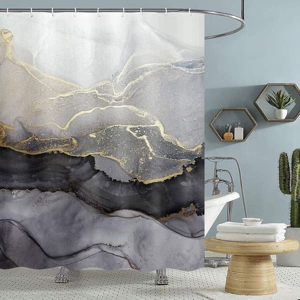 Marmor duschdraperi för badrum, abstrakt modern svart och guld tyg duschdraperi set, cool rest