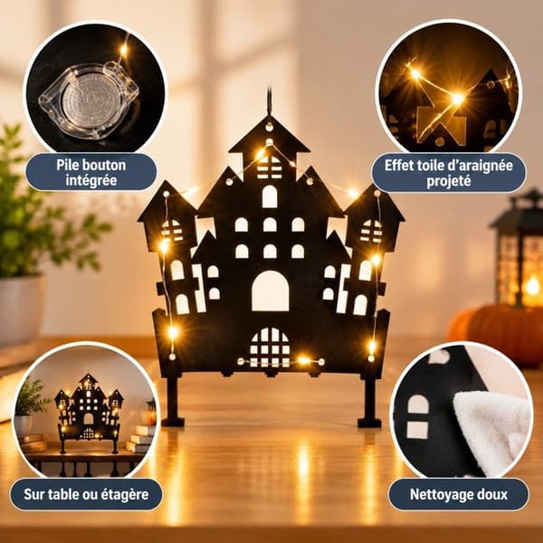 Halloween lysende dekorasjon - Lyseffekt med spindelvev - Halloweenfest - Svart slott