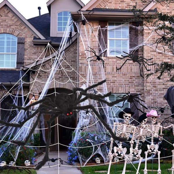 Udendørs Halloween-dekoration: 200-tommer edderkoppespind og 59-tommer kæmpeedderkop (trekantet spind)