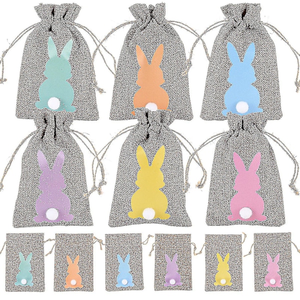 24pcs Easter Bunny Burlap Gift Bags With Drawstring Rabbit Linen Candy Bag