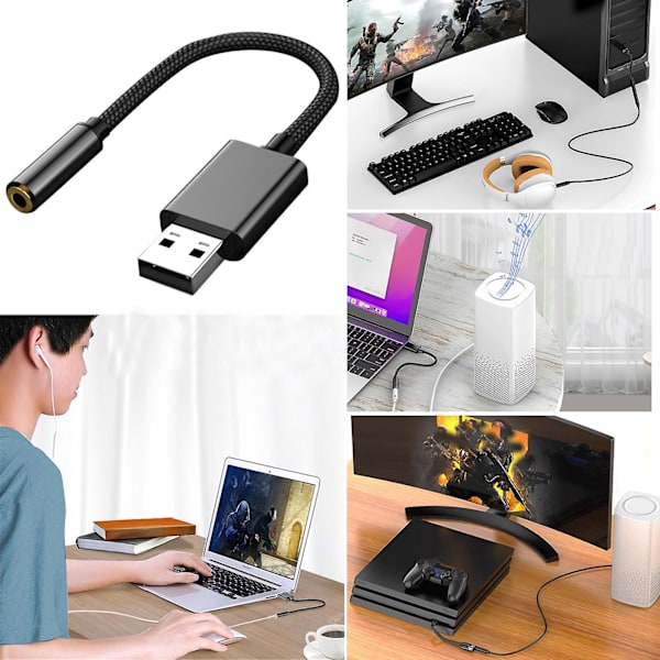 USB til 3,5 mm lydkontakt adapter USB til AUX lydkontakt ekstern stereolydkort for hodetelefoner høyttaler for PS-serien, PC, bærbar PC, stasjonære datamaskiner linjelengde