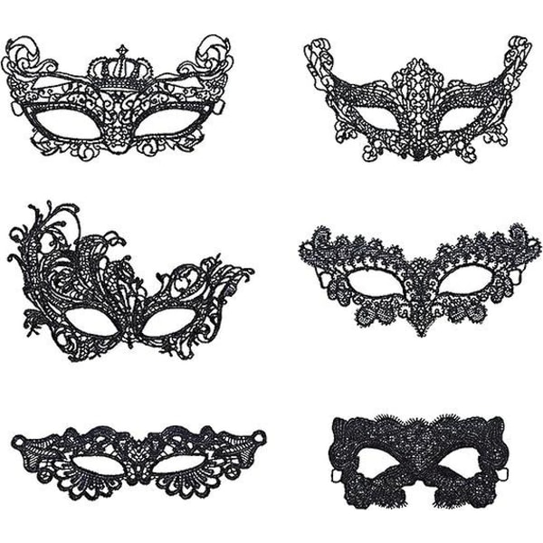 Svart 6-pack kvinnors maskeradmask Venetiansk ögonmask Sexig spetsmask Halloween maskerad karnevalsfest maskerad