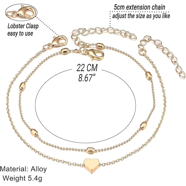 Hjerte Ankelkæde til Kvinder Justerbar Strand Lagdelt Ankelkæde til Teenagere Piger Guld Legering Fodkæde Smykker