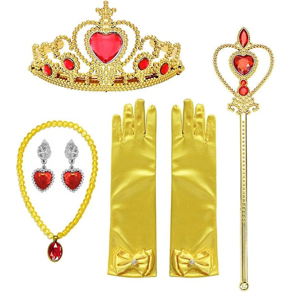 Princess Dress Up Accessories Gloves Tiara Crown Wand Necklaces Presents For Kids Girls(Yellow)