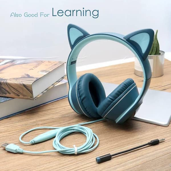 Katteøre Gaming Headset med Mikrofon Blinkende Lysende Stereo Headset-Marineblå