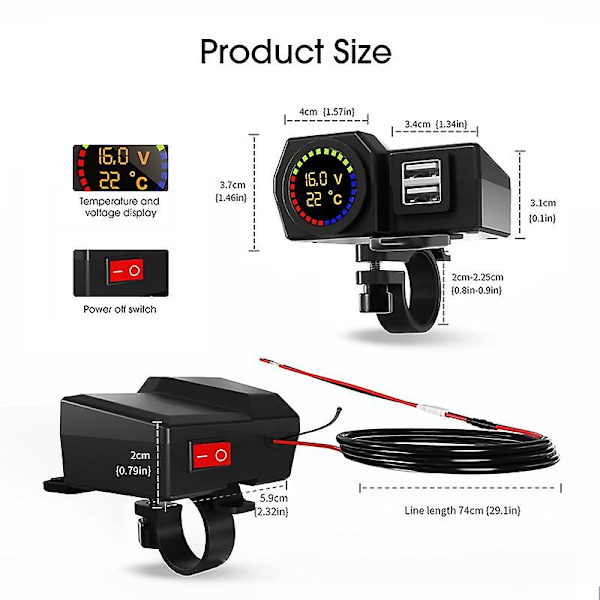 Motorsykkel Lader Moto Styre Lader 3.4a Dual Usb Lader Adapter Med Temperatur Og Spenning Display For 12v-24v Motorsykkel