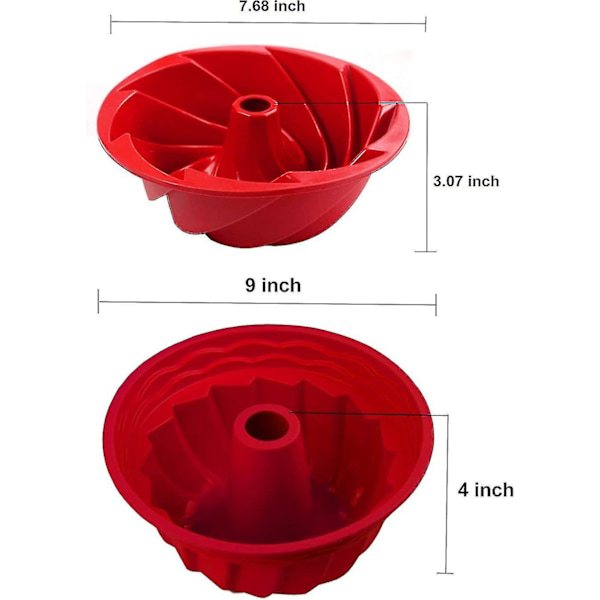 Silikone bageforme 2-pak, Riflet rund kageform, Non-stick kageform til gelé, bundtkage, gelatine, brød, rørformet bageform rød