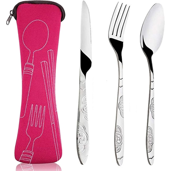 3-delat set med bärväska (rosa röd), set i rostfritt stål med neoprenväska, perfekt för utomhusresor med picknickkontor