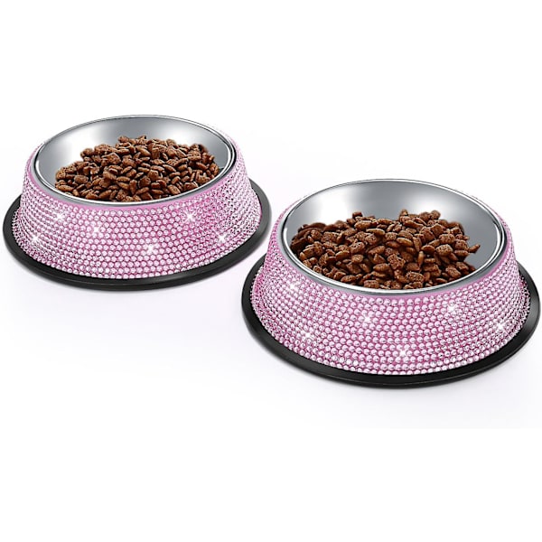Skinnende Rhinestone Rustfrit Stål Kæledyrsskål Hunde- og Kattefoder, 640 ml - Pink