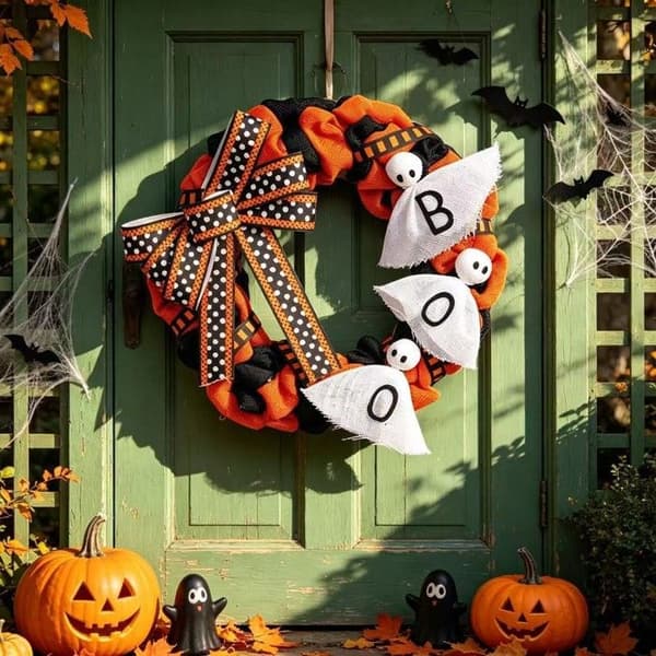Tyghalloweenkrans - Pumpabokstäver och Ansikte - Väggdekor - Originalhantverk - Hem