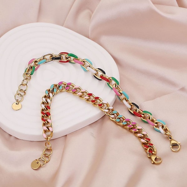 Punk Rostfritt Stål Emalj Curb Kubansk Armband Halsband Män Kvinnor Pläterad 18K Guld Länk Kedja Chokers Solid Metall Smycken Gåva (Halsband guld 6mm)