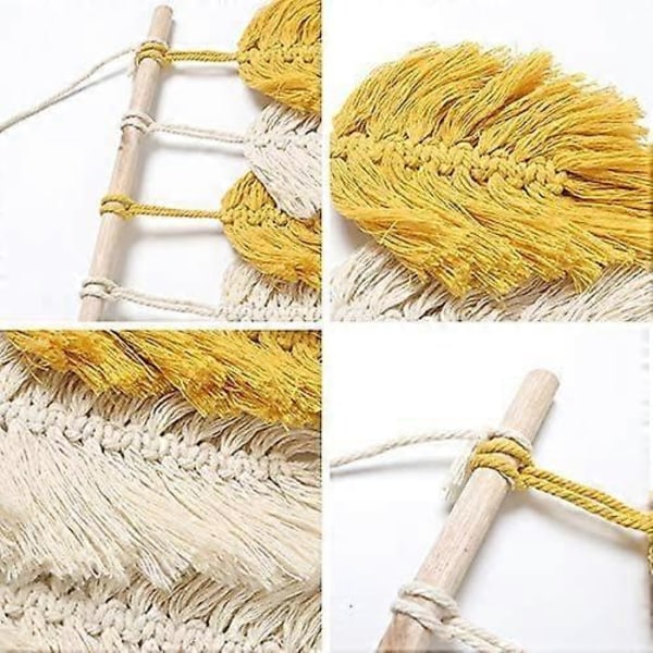 Handgjord Macrame Väggbonad Fjäder Boho Väggdekor Gul Chic Vävd Blad Tofsar Dekoration Bomullsdekorationer Gobeläng Rum Dekoration För Sovrum Liv