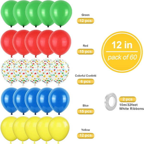 Røde, gule og blå balloner (60 stk.) - Matte latexballoner til fester