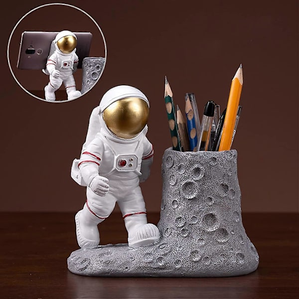 Astronaut Penna- och Pennskrin med Telefonställ, Resin Rymdman Pennabehållare Mobiltelefonställ för Hemmakontor Skrivbordsdekoration, Presenter för Rymdälskare