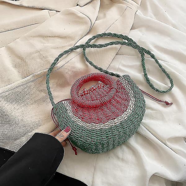 Messenger halmväska, fruktformad vattenmelon halm strandväska handvävd myntväska