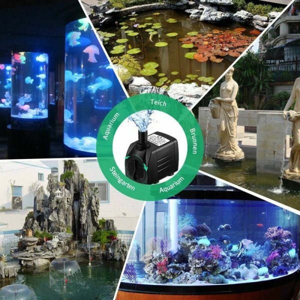 GTA Aquarium Pump 1500L/H akvaariopumppu, minivesipumppu, lampipumppu kestää kuivaa palamista (36 tuntia), puutarha, ei melua, 1,4 m kaapeli + 2 suutinta (musta)