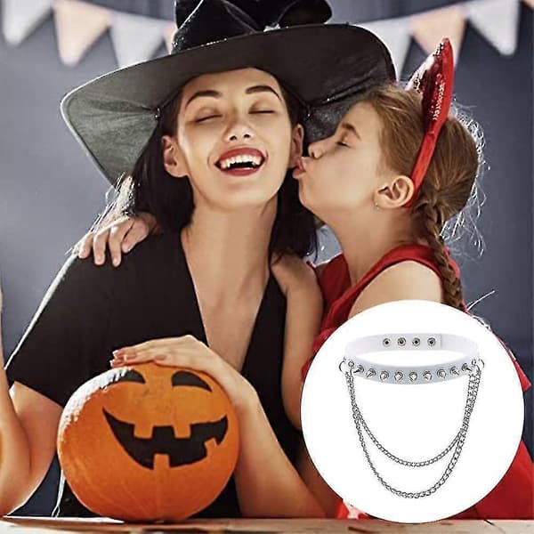 Punk Goth Metal Spikförsedd Länk Läderhalsband Choker (vit)
