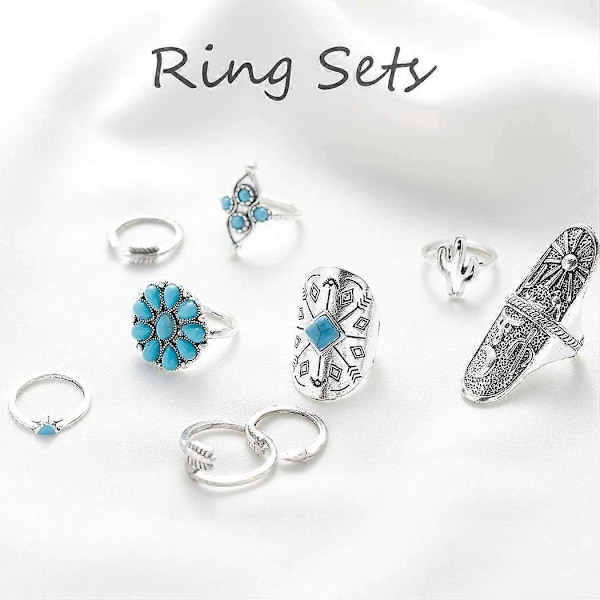 Boho Knuckle Rings Set Silver Turkos Stapelbara Fingerringar Justerbar Öppen Ring Midi Storlek Knog Ring Set för Kvinnor och Flickor 9PCS
