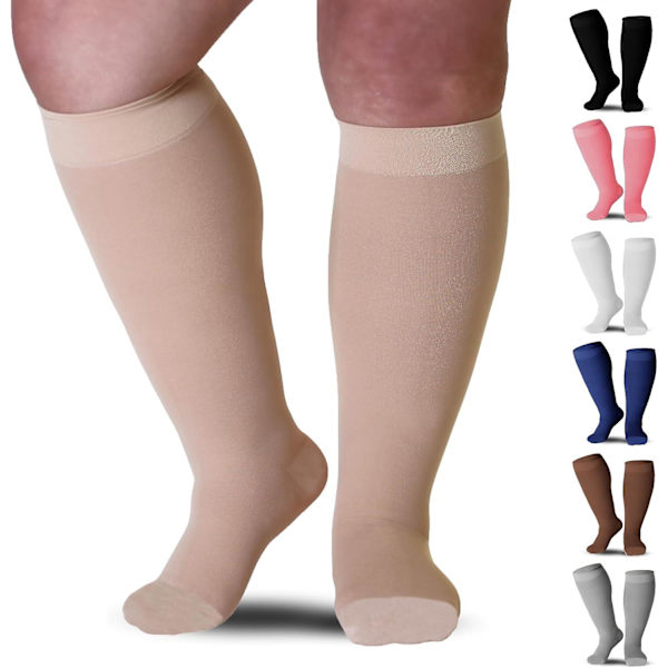 Kompresjonsstrømper - Plus Size - 20-30 mmHg - Unisex - Ekstra bred legg - Kne-høye - Ugjennomsiktig, lukket tå - Beige/3X-Large