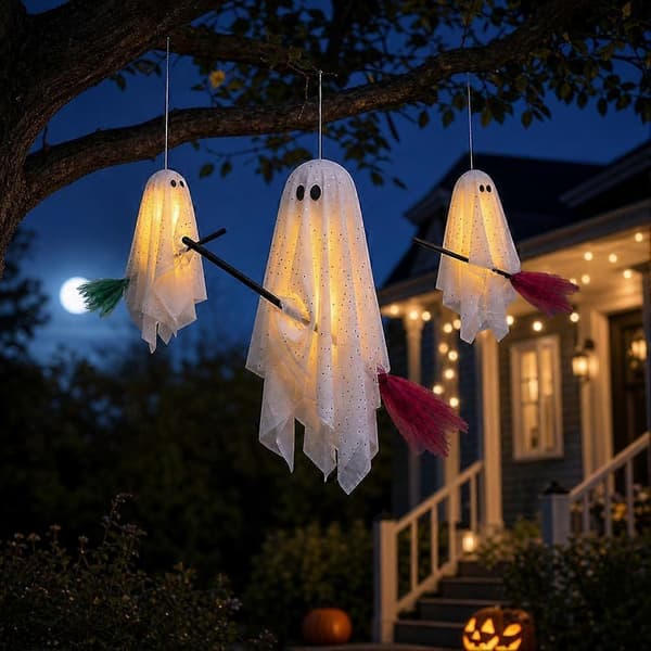Sæt med hængende polyester-spøgelser med LED-lys til udendørs Halloween-havepynt With lights