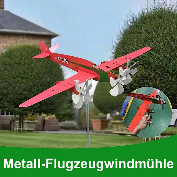 Metallflyplan Vindsnurr, 3D Rustfritt Stål Rød Flyplan Vindspill, Hagedekorasjon