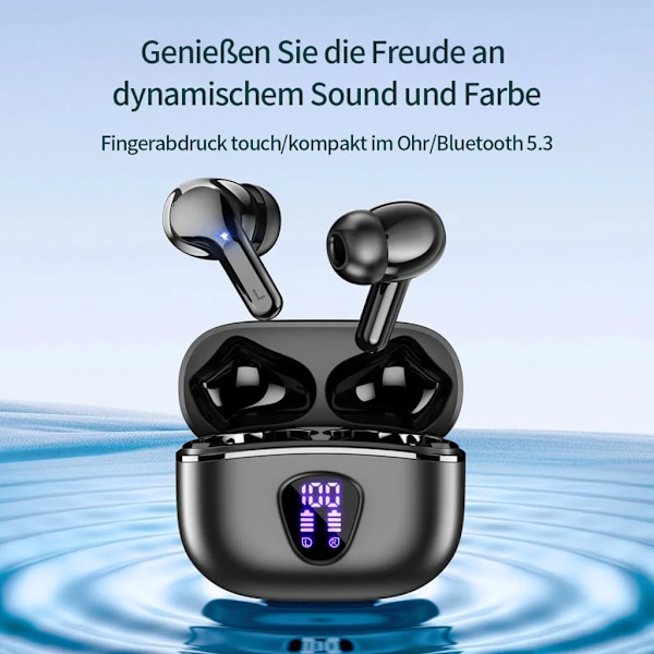 Trådlösa Bluetooth 5.3 in-ear-hörlurar, brusreducerande mikrofonheadset, IP7 vattentät, touch-kontroll, svart