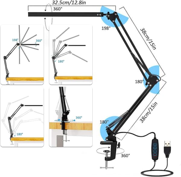 LED-skrivebordslampe 12W sammenleggbar bordlampe med klemme sammenleggbar USB-lampe for hodegjerde lesing arbeidsstudie
