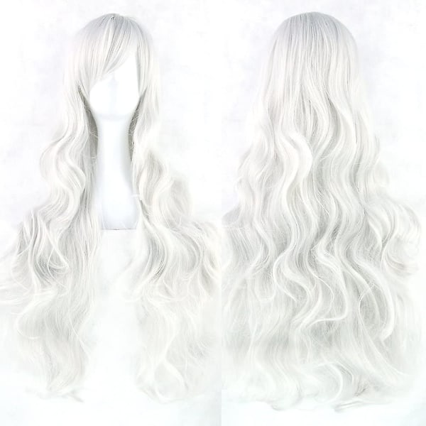 31" Silvery White Women's Long Curly Wave Cosplay Party Wigs Hairpieces Hair Cap