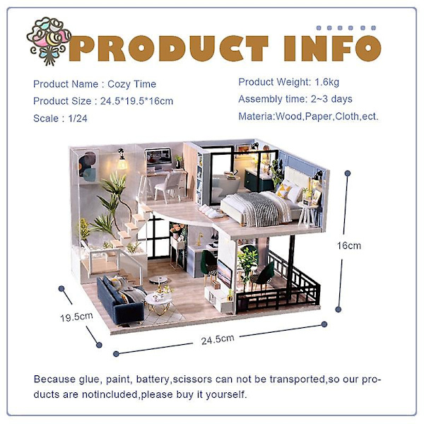 Sötbee diy dockhus kit i trä dockhus miniatyrdockhus möbelkit med led-leksaker för barn födelsedagspresent l32（Jm26b）