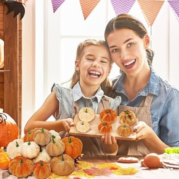 Sæt med 12 kunstige fløjlspumpkins - WINLLINEE - Brun - Efterårs- og Halloween-dekoration