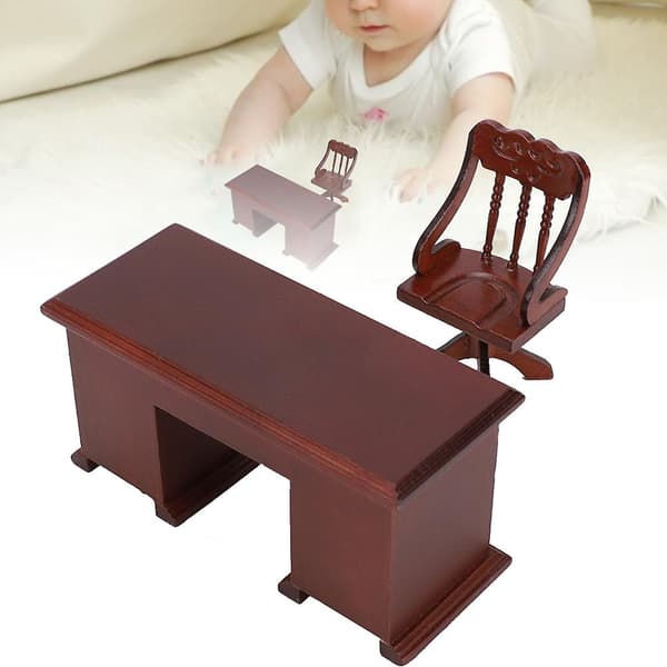 1:12 Mini Møbel Modell Tre Skrivebord Stol Barnas Studie Dekorasjon Dukkehus TilbehørSkrivebord Stol