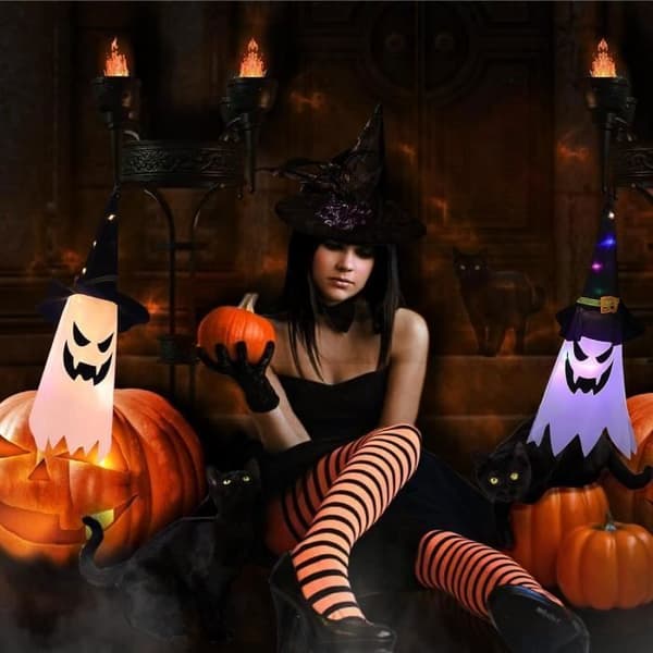 Utendørs Halloween Hagedekorasjon: Varmhvit Lysende Trollmannhatt + Fargeskiftende Trollmannhatt - LYSENDE DEKORASJON