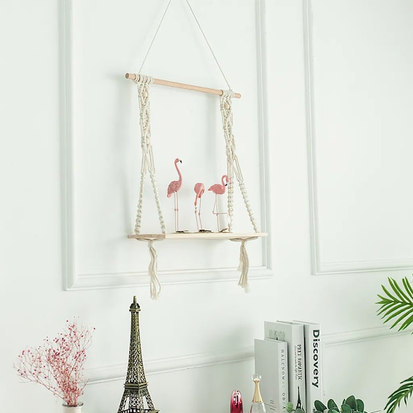 Væg hylde, håndlavet macrame flydende hylde, boho stil træ hylde med bomuldsreb til planter, bøger, stearinlys og dekoration