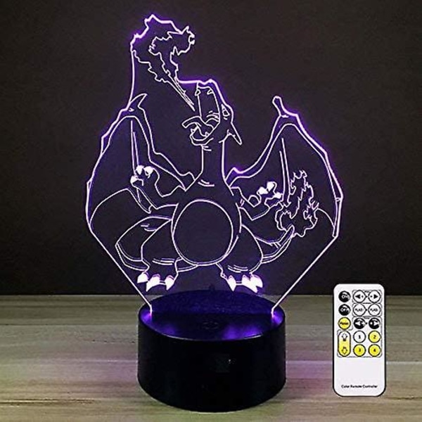 3D Optisk Illusion Charizard Nattlampa Leksak, Fjärrkontroll, Dimbar, Batteri eller USB-driven, 7 Färger Byter Jul Födelsedagspresent För Pojkar Flickor
