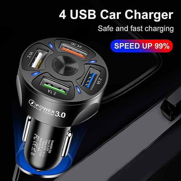 4-porters USB-billader for bil, hurtiglading 3.0, rask lading Qc 3.0 USB-billaderadapter