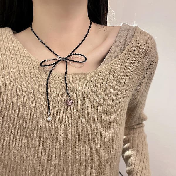 Boho Pink Black Perle Halskæde Sløjfe-snøreben Kædeben Kæde Sød Cool Choker