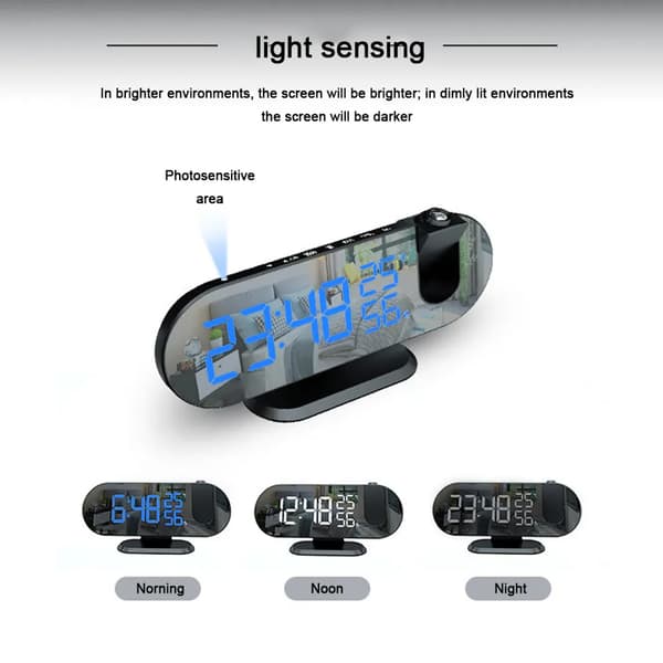 Projektionsväckarklocka med USB, Digital klocka med 180° projektor, Dubbla alarm, 12/24H LED-display, Blå