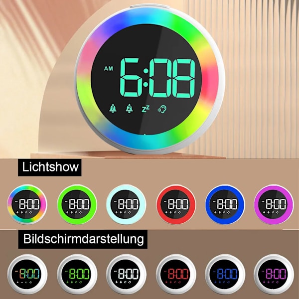 Larmklocka Ljudaktiverad, dimbar Två alarm inställningar Temperaturvisning