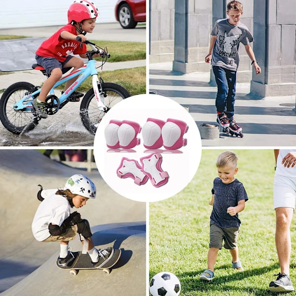 Barn Inline Knä- och Armbågsskydd, 6-delars Skyddsutrustning Set för Barn och Vuxna (Vit Rosa)