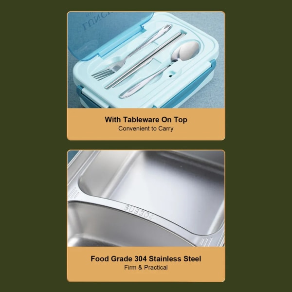 Bärbar lunchlåda 304 rostfritt stål, läckagesäker mikrovågsuppvärmningslåda med sked och ätpinnar