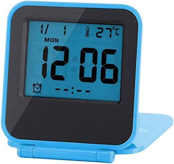 Mini digital väckarklocka vikbar multifunktionell bärbar LED morgonväckarklocka med kalender temperatur datum veckodag (blå) batteri ingår ej