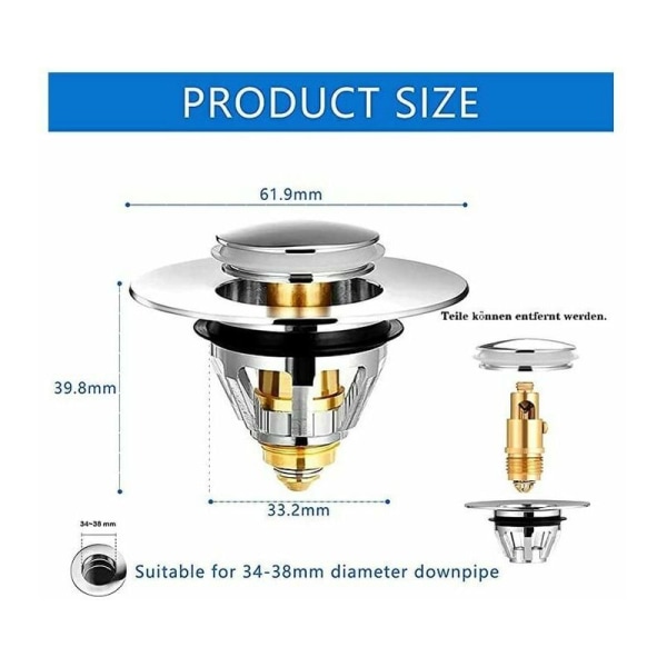 GTA Pop-Up Sink Drain - Universal antiblokerende afløbsfilter, vaskprop, badekarafløb og ventilbadekarprop til køkkenvask