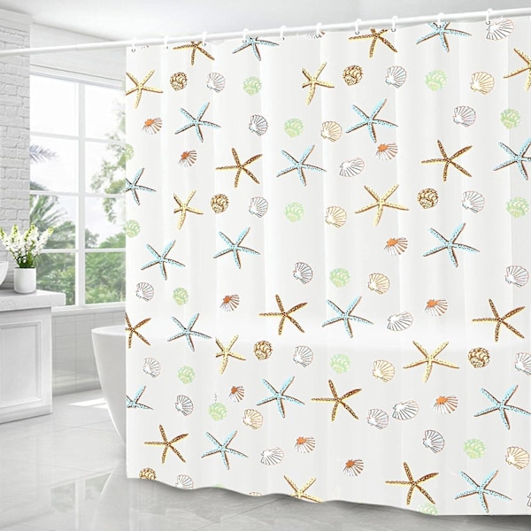 Shower Curtain, Waterproof and Mildewproof PEVA Shower Curtain, with 12 Curtain Rings, Starfish Pattern 180x180cm