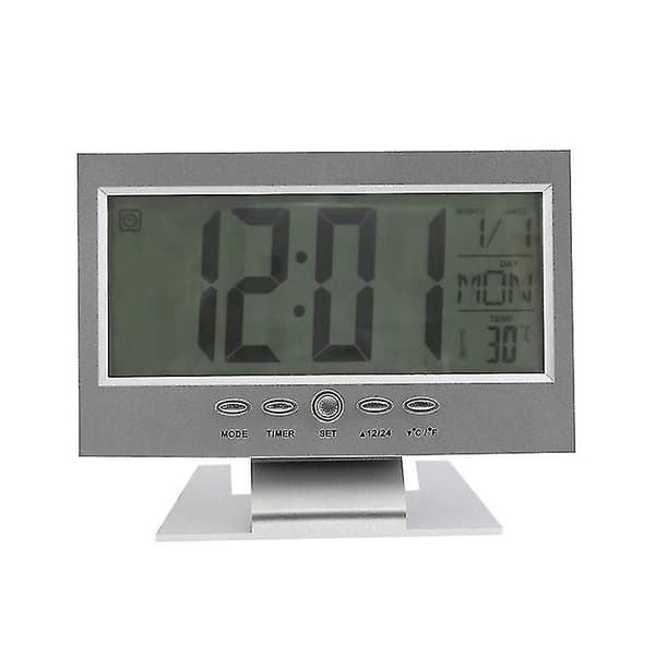 Stemmestyret baggrundsbelyst LCD-vækkeur, vejrskærm, kalender