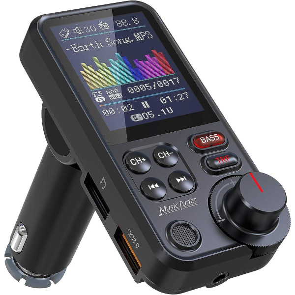 Bluetooth FM-sändare, Bluetooth bilradioadapter med kraftfull mikrofon, 1,8-tums färgskärm, stöd för Qc3.0 musikspelare, diskant och bas - K
